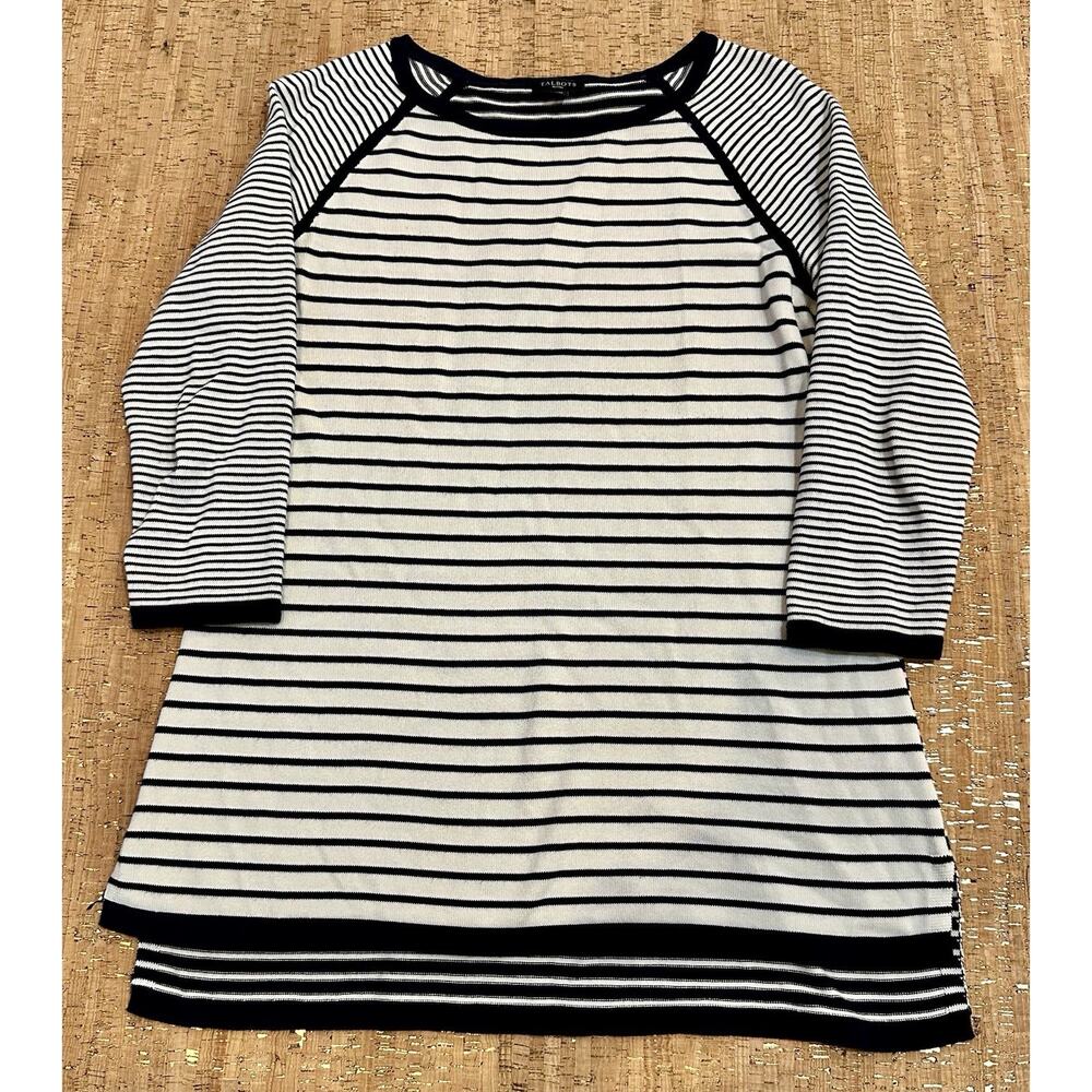 Talbots Tunic Sweater Women Navy White Striped 3/4 Sleeve Knit Pullover Small P